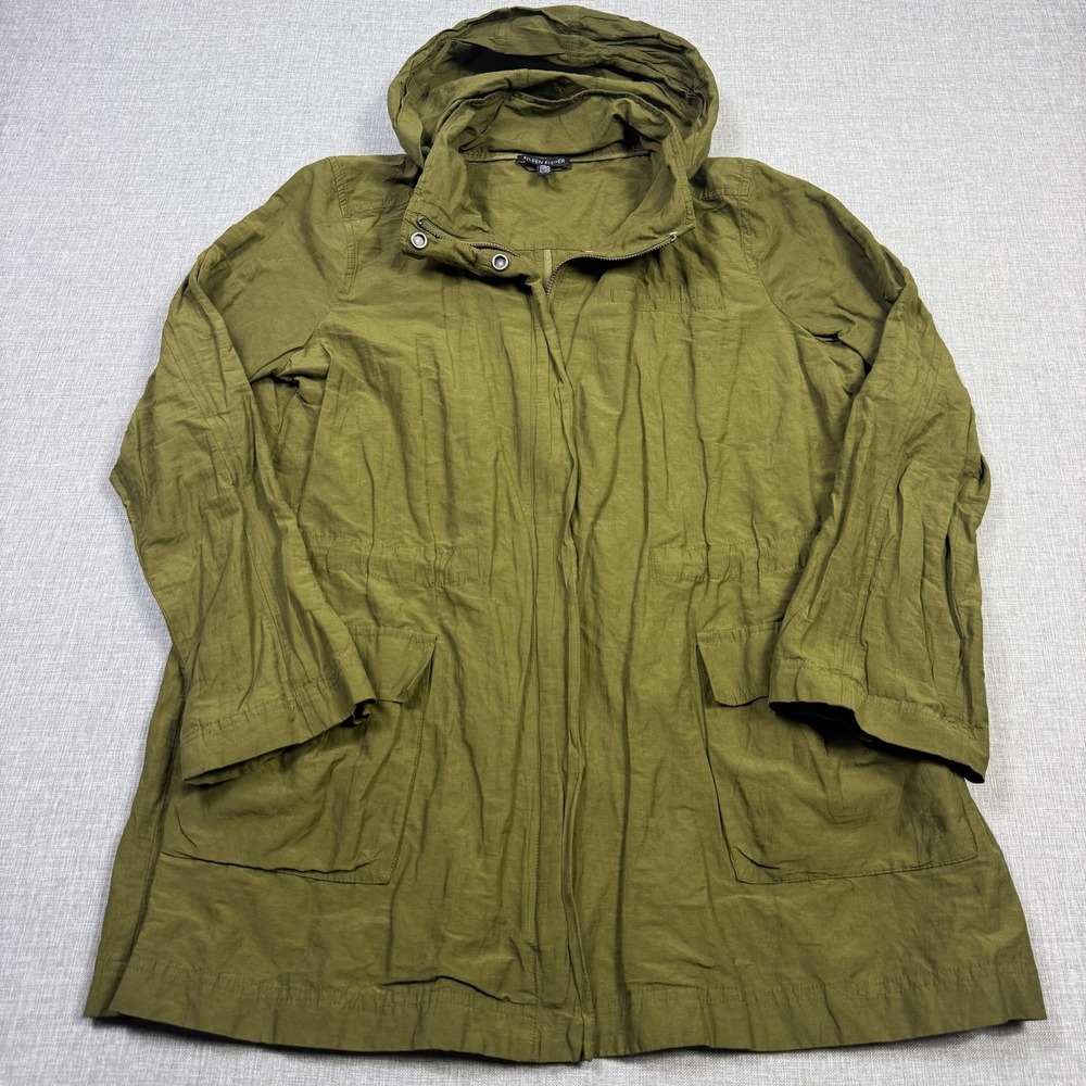 Eileen Fisher Jacket Womens M‎ Green Anorak Hooded Full Zip Pockets Lightweight